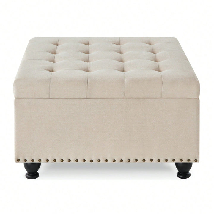 Large Storage Ottoman With Tufted Lid And Wooden Legs - Coffee Table Ottoman For Living Room, Bedroom Image 8