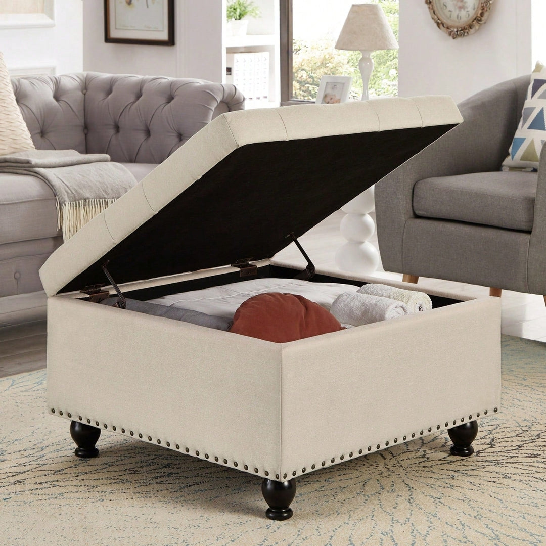 Large Storage Ottoman With Tufted Lid And Wooden Legs - Coffee Table Ottoman For Living Room, Bedroom Image 11