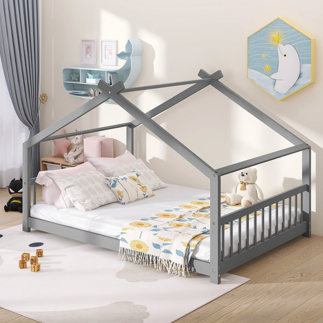 Full Size House Bed - Sturdy Wooden Frame, Modern Gray Design, Perfect for Kids Rooms or Guest Spaces Image 1