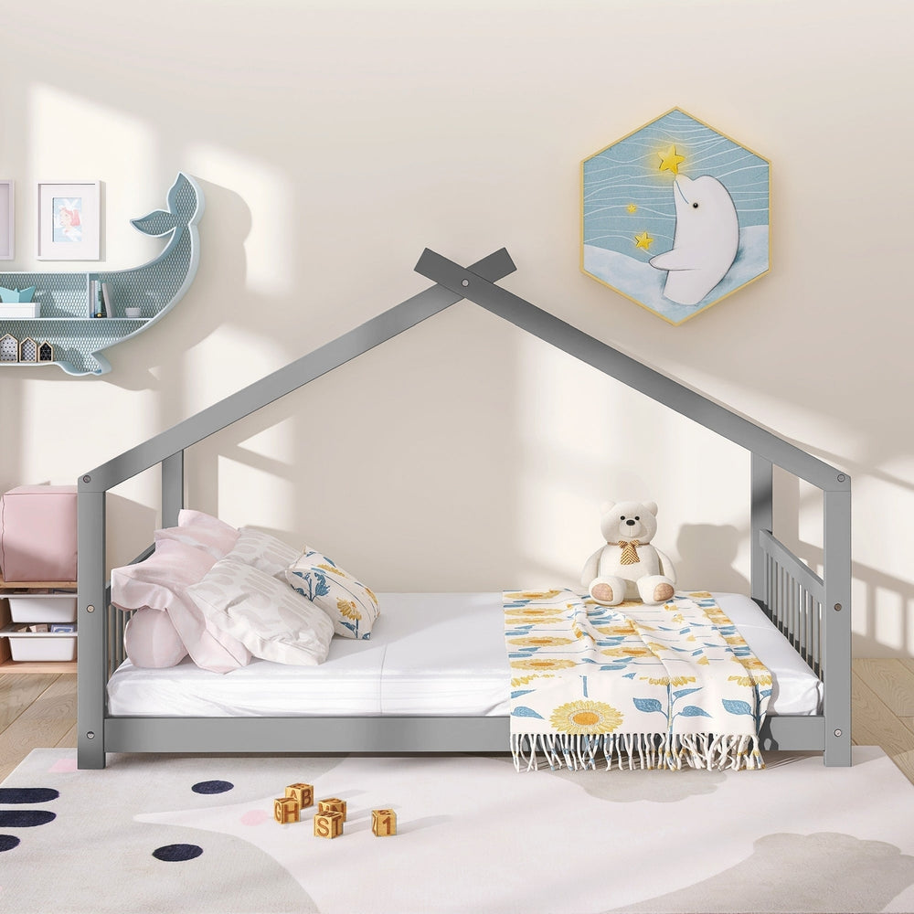 Full Size House Bed - Sturdy Wooden Frame, Modern Gray Design, Perfect for Kids Rooms or Guest Spaces Image 2