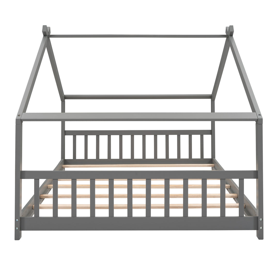 Full Size House Bed - Sturdy Wooden Frame, Modern Gray Design, Perfect for Kids Rooms or Guest Spaces Image 5