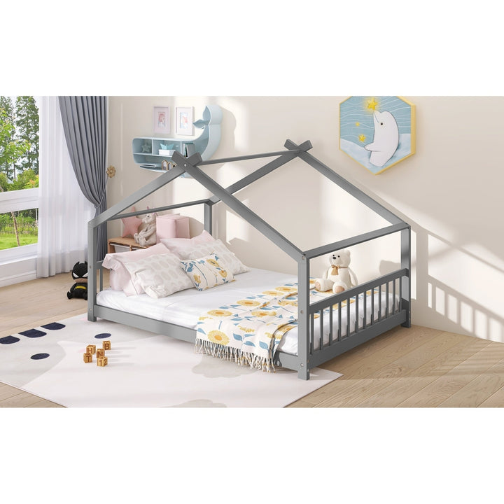 Full Size House Bed - Sturdy Wooden Frame, Modern Gray Design, Perfect for Kids Rooms or Guest Spaces Image 9