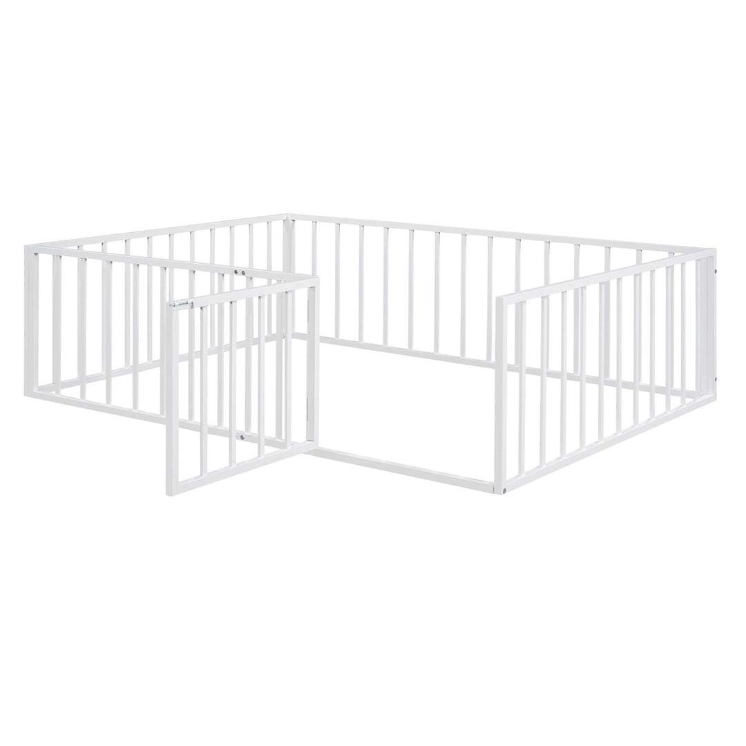 Full Size Metal Floor Bed Frame with Fence and Door, White Image 4