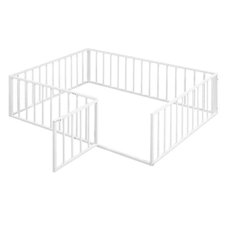 Full Size Metal Floor Bed Frame with Fence and Door, White Image 5