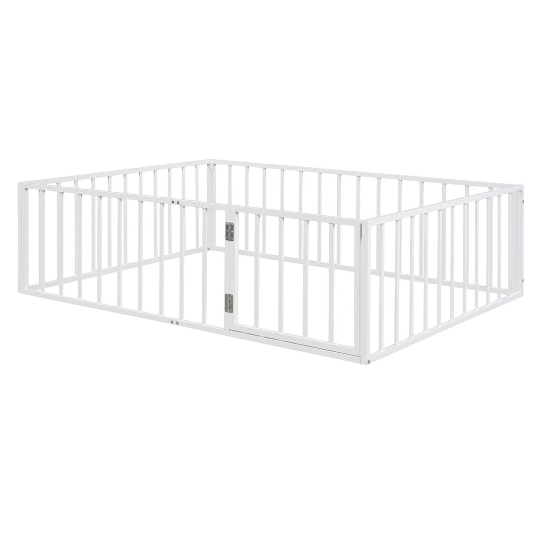 Full Size Metal Floor Bed Frame with Fence and Door, White Image 6