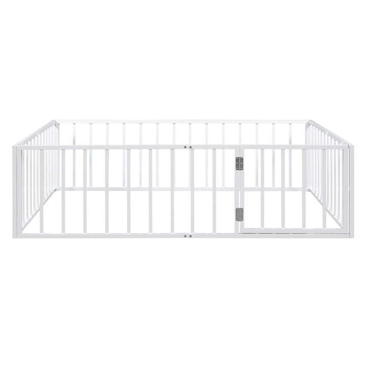 Full Size Metal Floor Bed Frame with Fence and Door, White Image 7