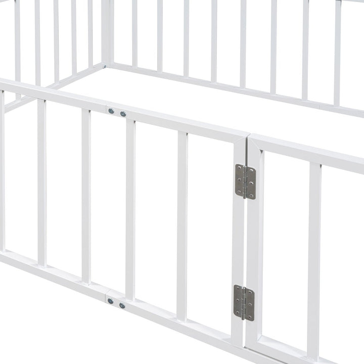 Full Size Metal Floor Bed Frame with Fence and Door, White Image 11