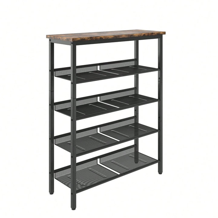 Industrial Shoe Rack With Adjustable Country Style 5 Layers Storage Shelves, 4 Mesh Shelves For Entryway, Living Room, Image 3