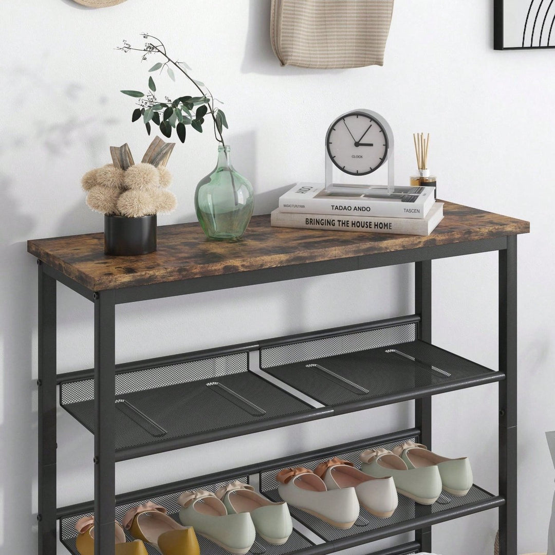 Industrial Shoe Rack With Adjustable Country Style 5 Layers Storage Shelves, 4 Mesh Shelves For Entryway, Living Room, Image 4