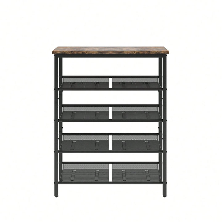 Industrial Shoe Rack With Adjustable Country Style 5 Layers Storage Shelves, 4 Mesh Shelves For Entryway, Living Room, Image 5