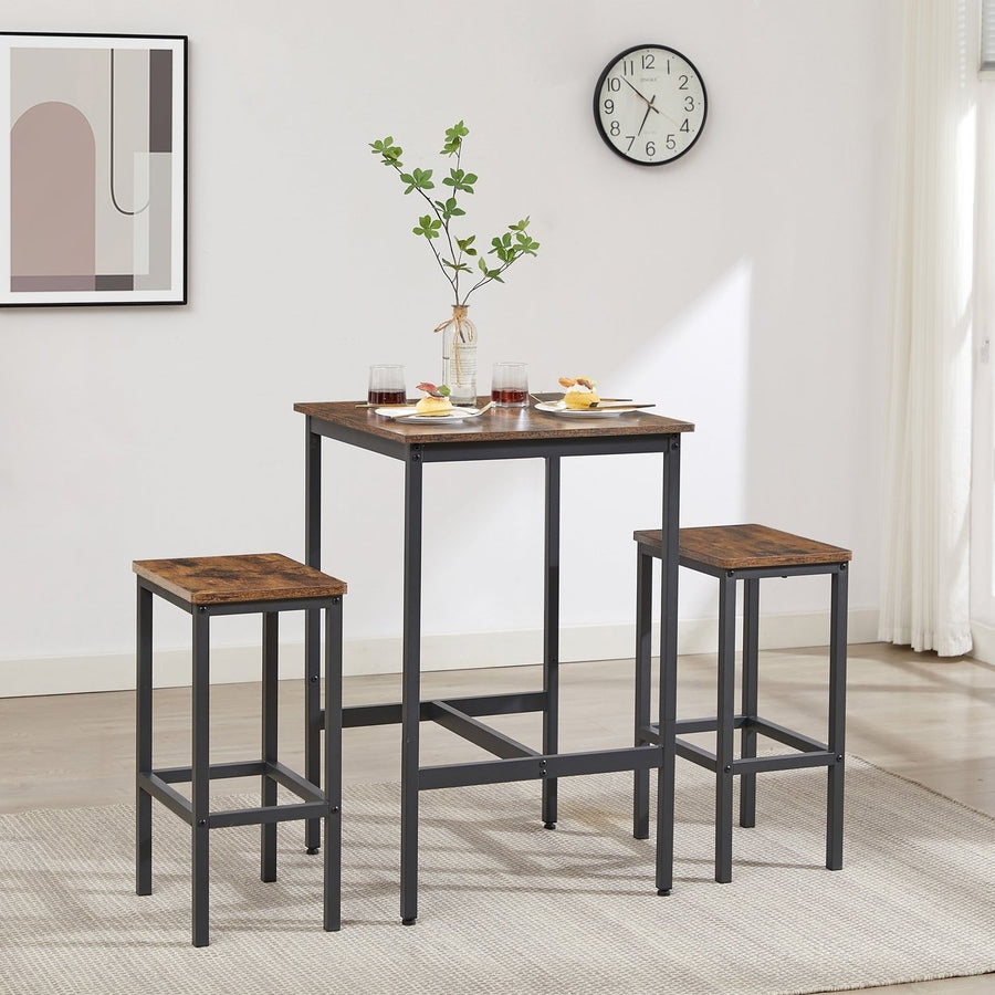 Industrial Square Bar Table Set with 2 Rustic Brown Chairs for Kitchen Living Room Space Saving 23.6x23.6x35.4 Inches Image 1