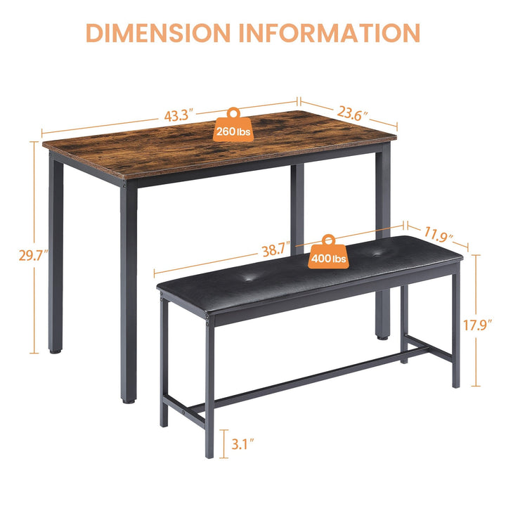 Industrial Rustic Dining Table Set with 2 PU Upholstered Benches for Kitchen and Living Room 43.3L x 23.6W x 29.9H Image 4