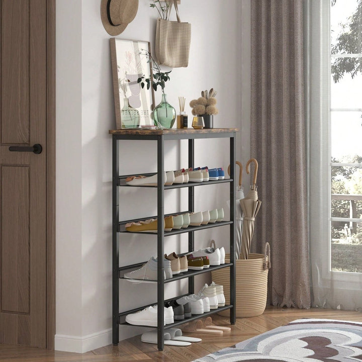 Industrial Shoe Rack With Adjustable Country Style 5 Layers Storage Shelves, 4 Mesh Shelves For Entryway, Living Room, Image 7