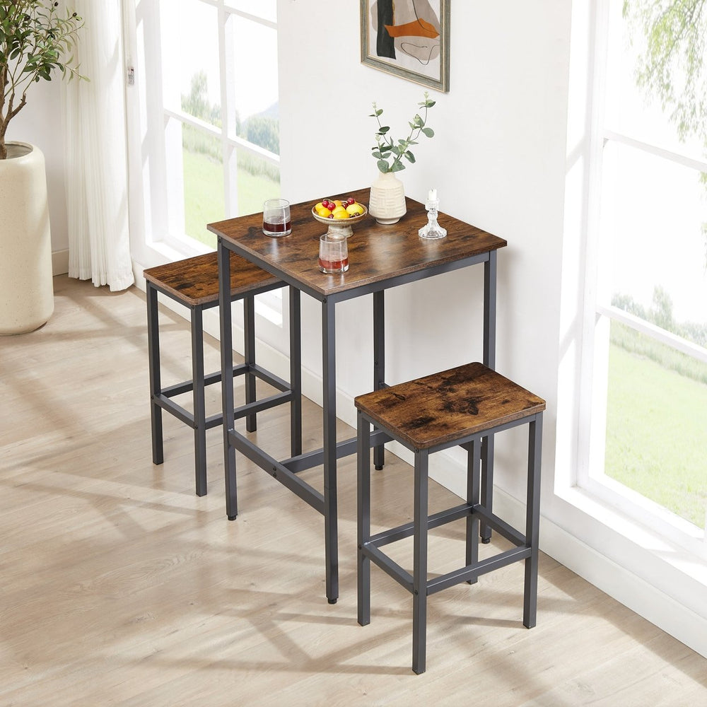 Industrial Square Bar Table Set with 2 Rustic Brown Chairs for Kitchen Living Room Space Saving 23.6x23.6x35.4 Inches Image 2