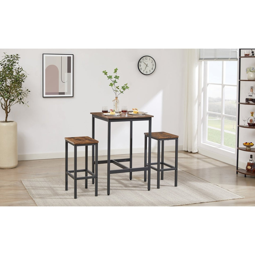 Industrial Square Bar Table Set with 2 Rustic Brown Chairs for Kitchen Living Room Space Saving 23.6x23.6x35.4 Inches Image 3