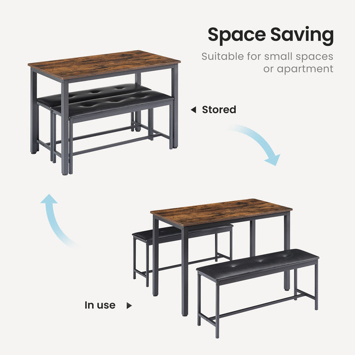 Industrial Rustic Dining Table Set with 2 PU Upholstered Benches for Kitchen and Living Room 43.3L x 23.6W x 29.9H Image 9