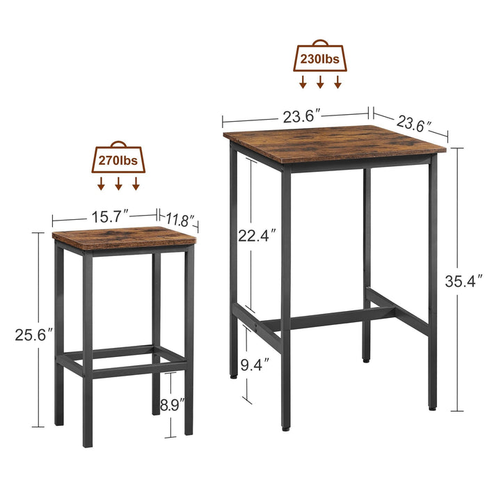 Industrial Square Bar Table Set with 2 Rustic Brown Chairs for Kitchen Living Room Space Saving 23.6x23.6x35.4 Inches Image 7