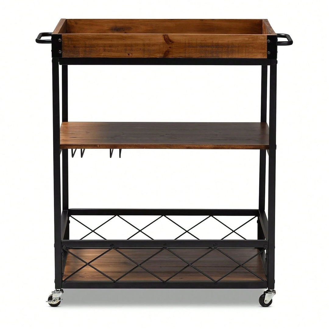 Industrial Style Rolling Kitchen Island Wine Cart With Fir Wood Shelves And Metal Frame, Movable Top, Goblet Holder, Image 1