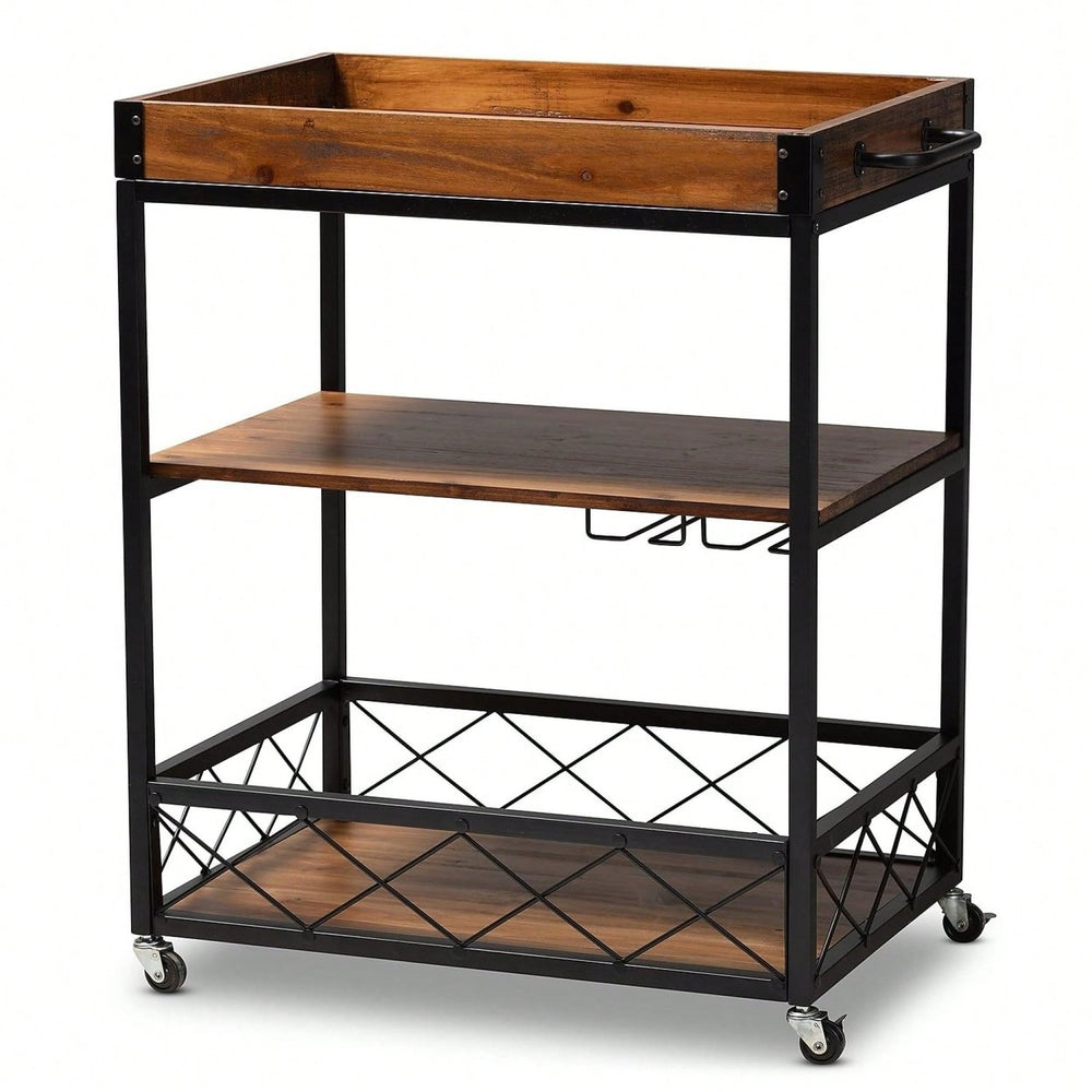 Industrial Style Rolling Kitchen Island Wine Cart With Fir Wood Shelves And Metal Frame, Movable Top, Goblet Holder, Image 2