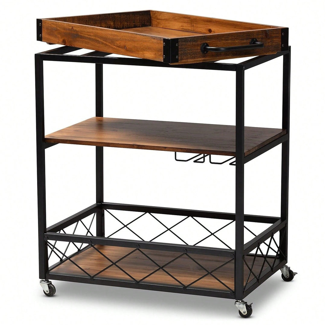 Industrial Style Rolling Kitchen Island Wine Cart With Fir Wood Shelves And Metal Frame, Movable Top, Goblet Holder, Image 3