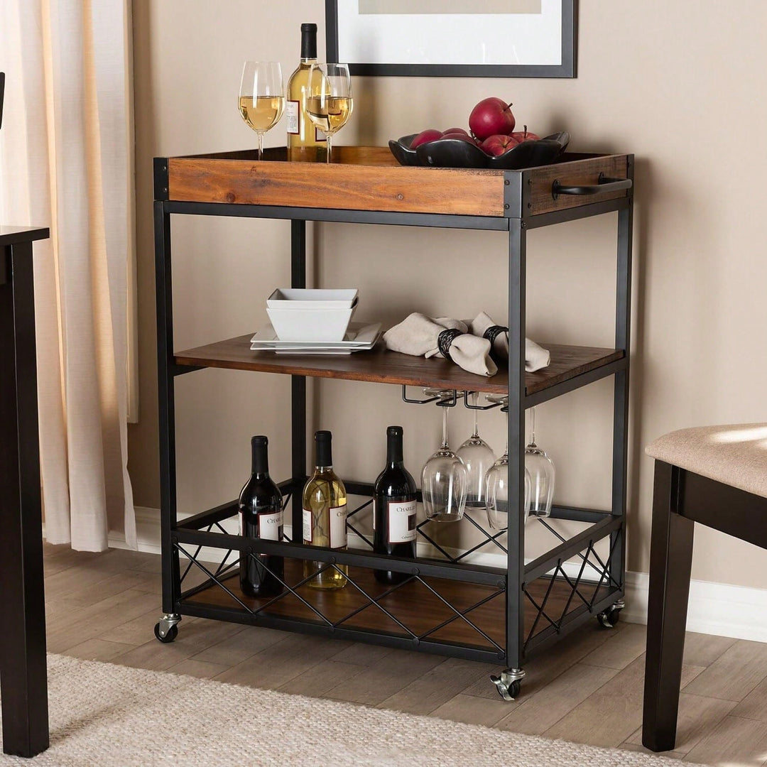 Industrial Style Rolling Kitchen Island Wine Cart With Fir Wood Shelves And Metal Frame, Movable Top, Goblet Holder, Image 4