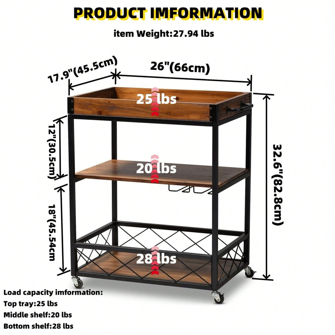 Industrial Style Rolling Kitchen Island Wine Cart With Fir Wood Shelves And Metal Frame, Movable Top, Goblet Holder, Image 5