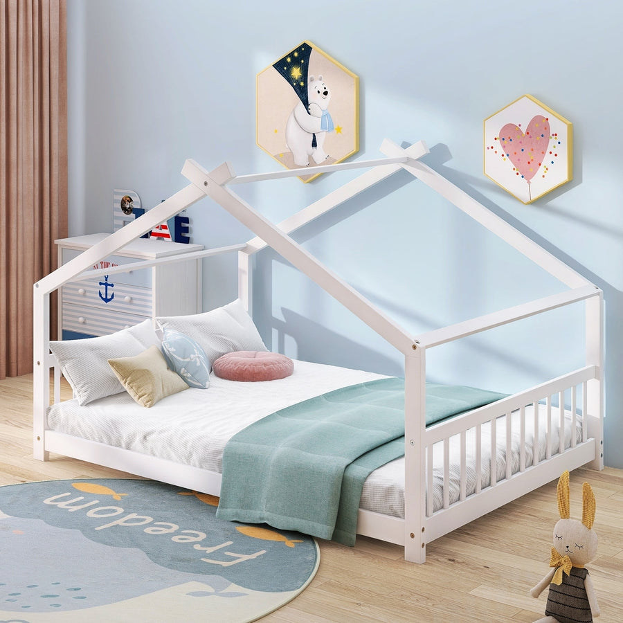 Full Size Wooden House Bed for Kids, Stylish White Cabin-Style Design, Perfect for Bedroom and Playroom Image 1