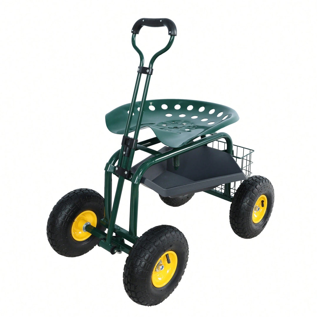 Garden Trolley Work Chair with 360 Swivel and Utility Tray for Easy Outdoor Mobility and Yard Work Green Image 1