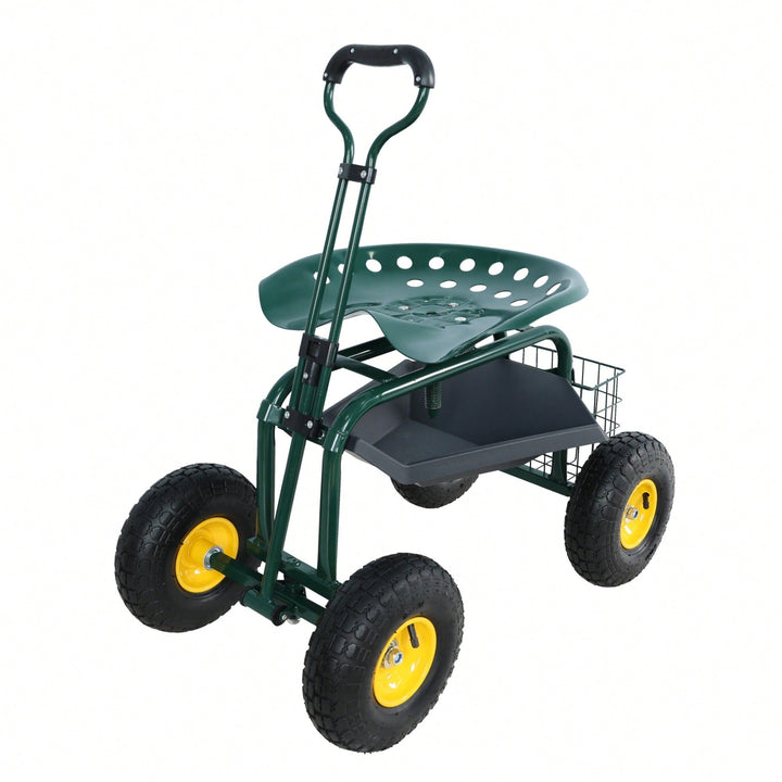 Garden Trolley Work Chair with 360 Swivel and Utility Tray for Easy Outdoor Mobility and Yard Work Green Image 1