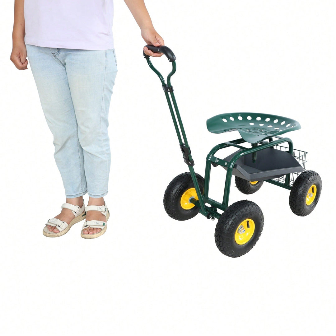 Garden Trolley Work Chair with 360 Swivel and Utility Tray for Easy Outdoor Mobility and Yard Work Green Image 4