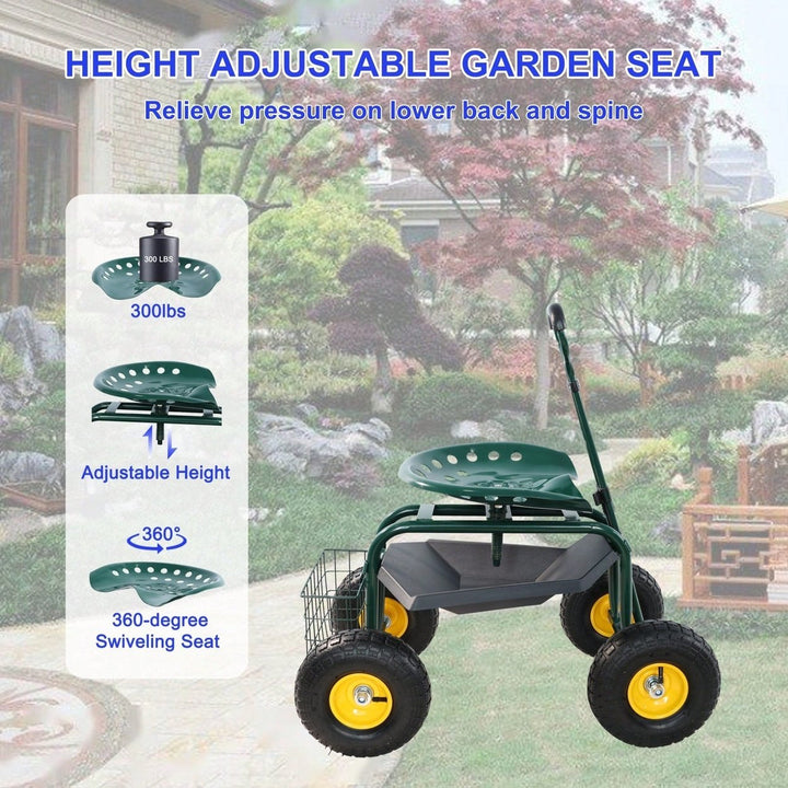 Garden Trolley Work Chair with 360 Swivel and Utility Tray for Easy Outdoor Mobility and Yard Work Green Image 10