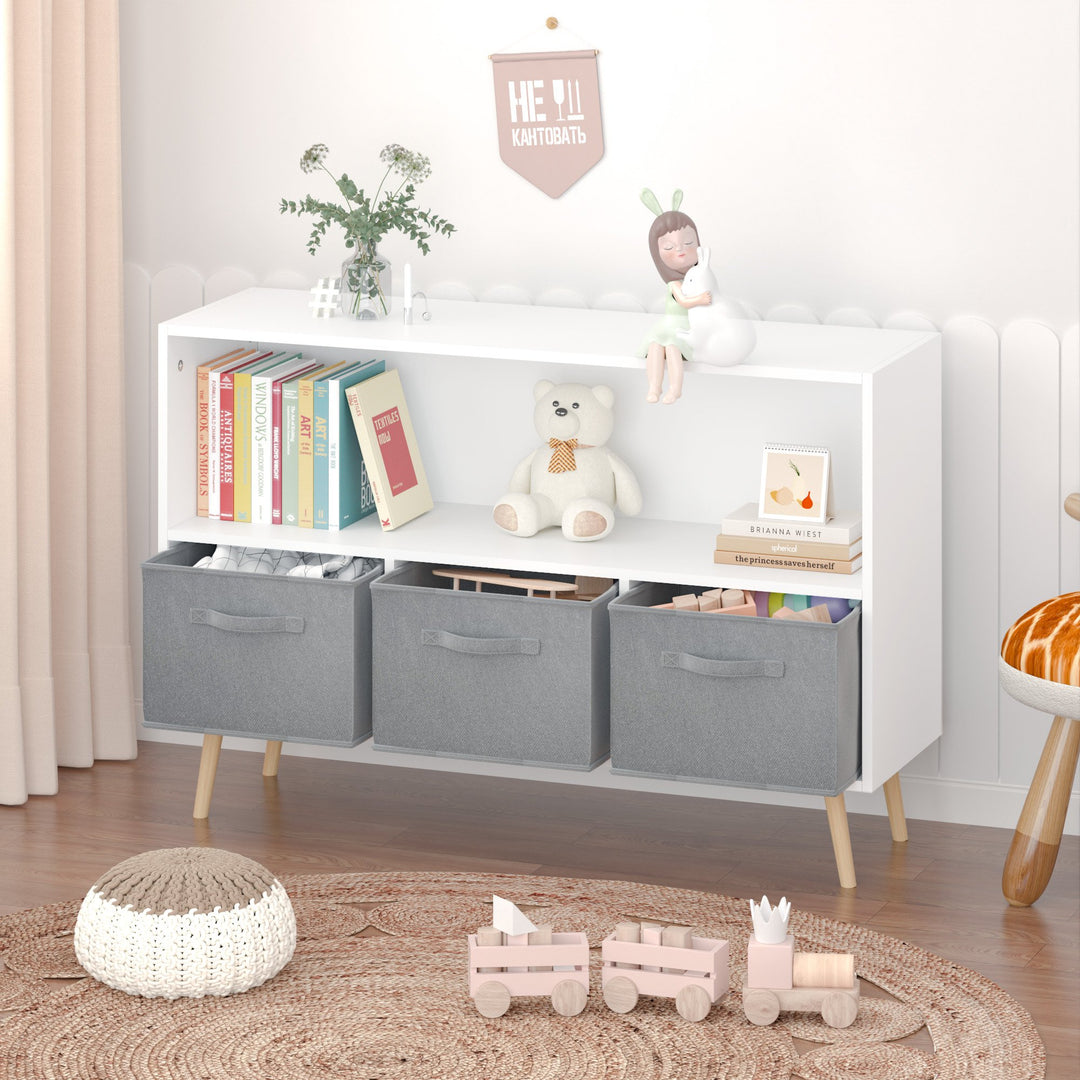 Kids Bookcase with Collapsible Fabric Drawers - Childrens Book Display and Toy Storage Organizer, White/Gray, Stylish Image 3