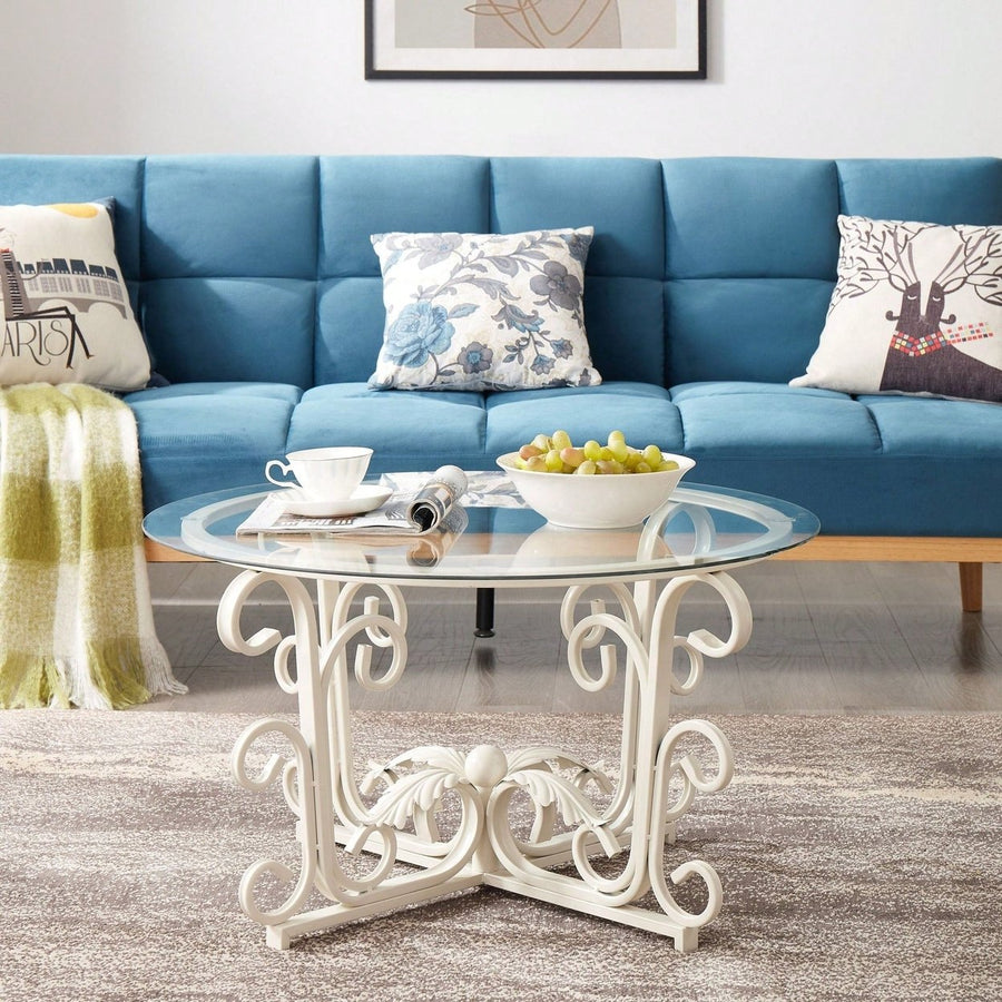 Glass Coffee Table With Sturdy Iron Leaf-Shape Base, Leisure Cocktail Table With Tempered Glass Top For Living Room, Image 1