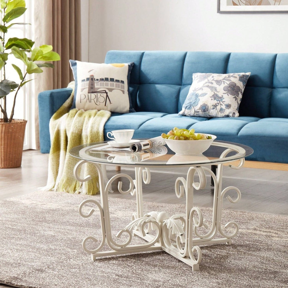 Glass Coffee Table With Sturdy Iron Leaf-Shape Base, Leisure Cocktail Table With Tempered Glass Top For Living Room, Image 2