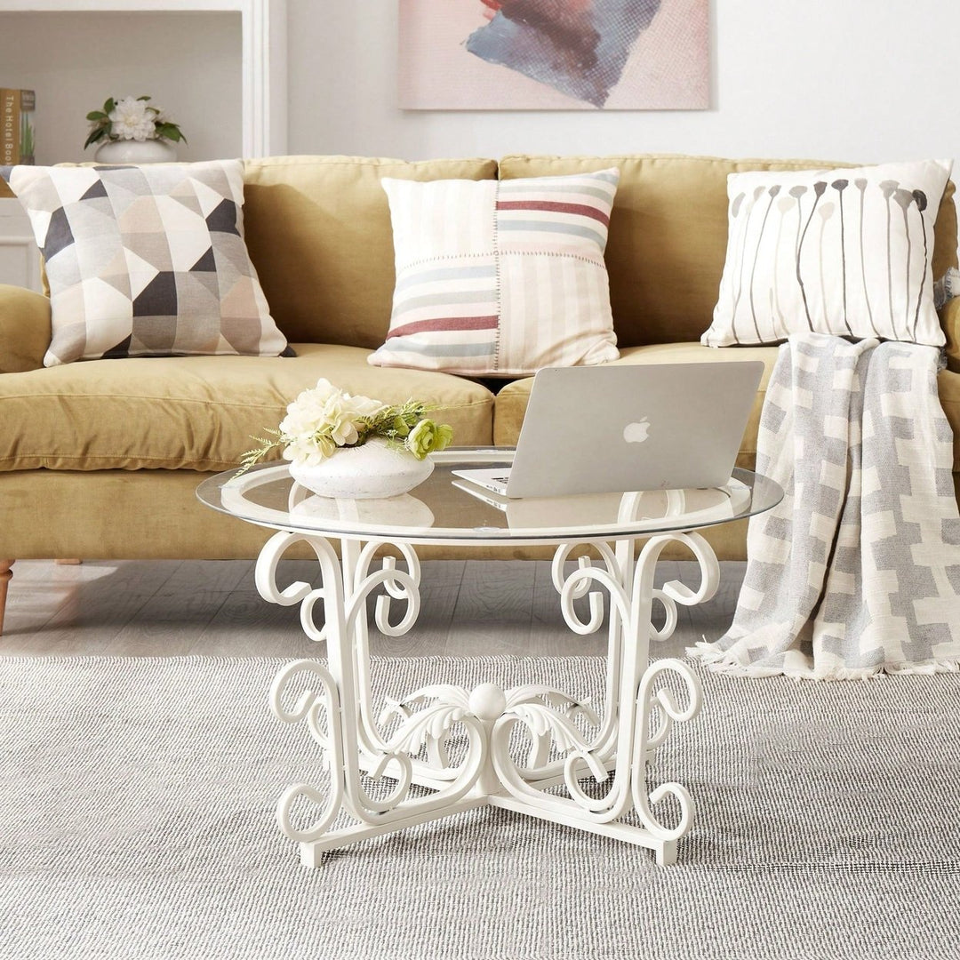 Glass Coffee Table With Sturdy Iron Leaf-Shape Base, Leisure Cocktail Table With Tempered Glass Top For Living Room, Image 3