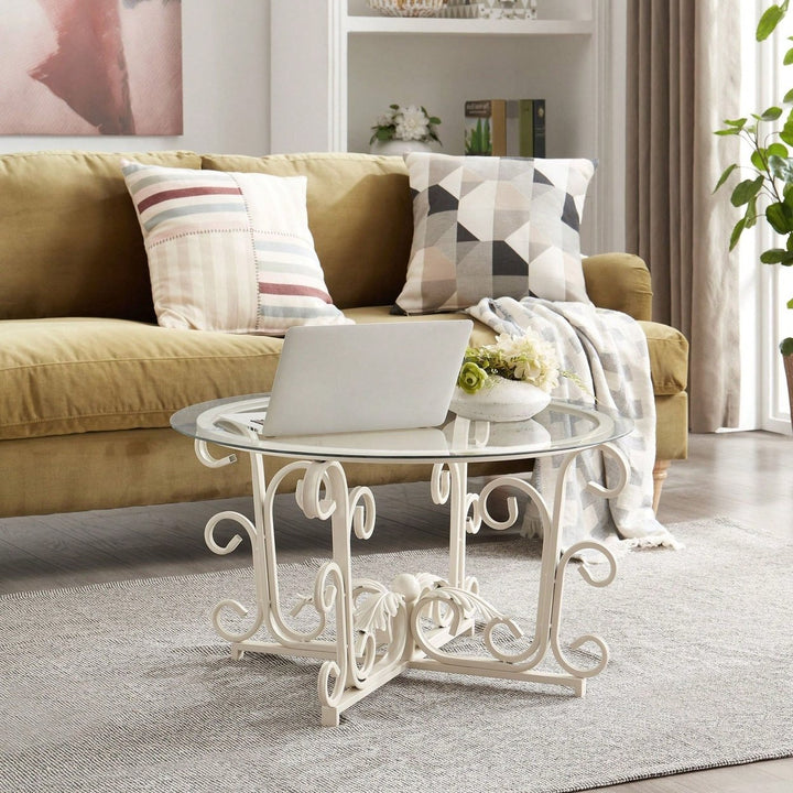 Glass Coffee Table With Sturdy Iron Leaf-Shape Base, Leisure Cocktail Table With Tempered Glass Top For Living Room, Image 4