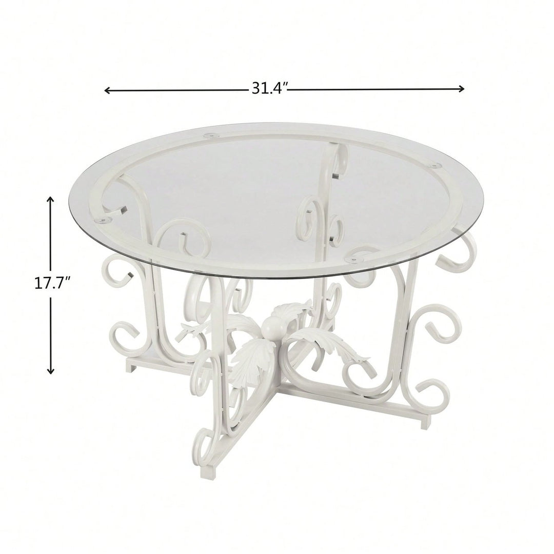 Glass Coffee Table With Sturdy Iron Leaf-Shape Base, Leisure Cocktail Table With Tempered Glass Top For Living Room, Image 5