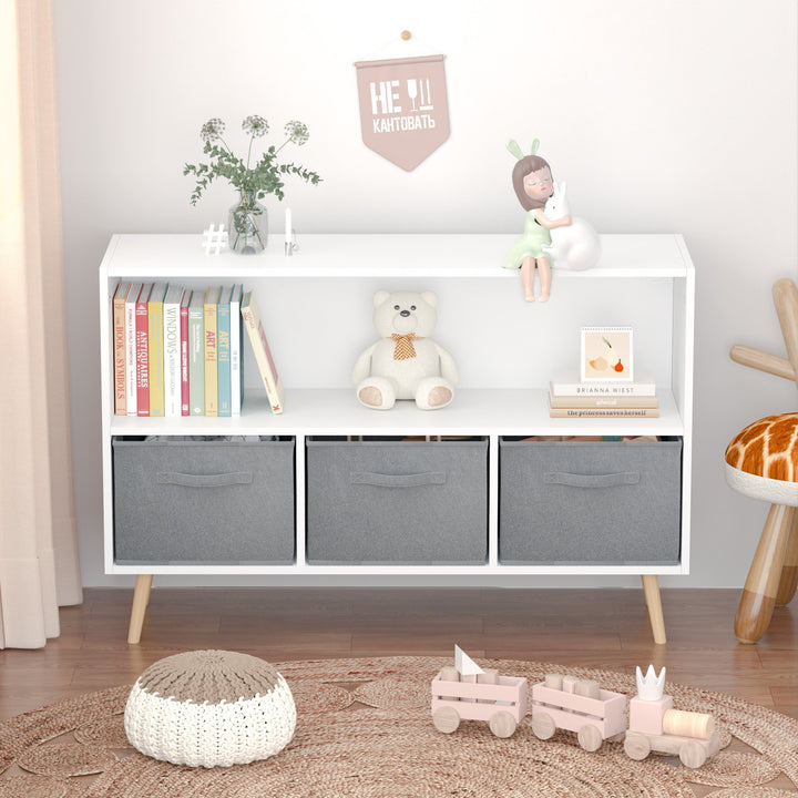 Kids Bookcase with Collapsible Fabric Drawers - Childrens Book Display and Toy Storage Organizer, White/Gray, Stylish Image 5