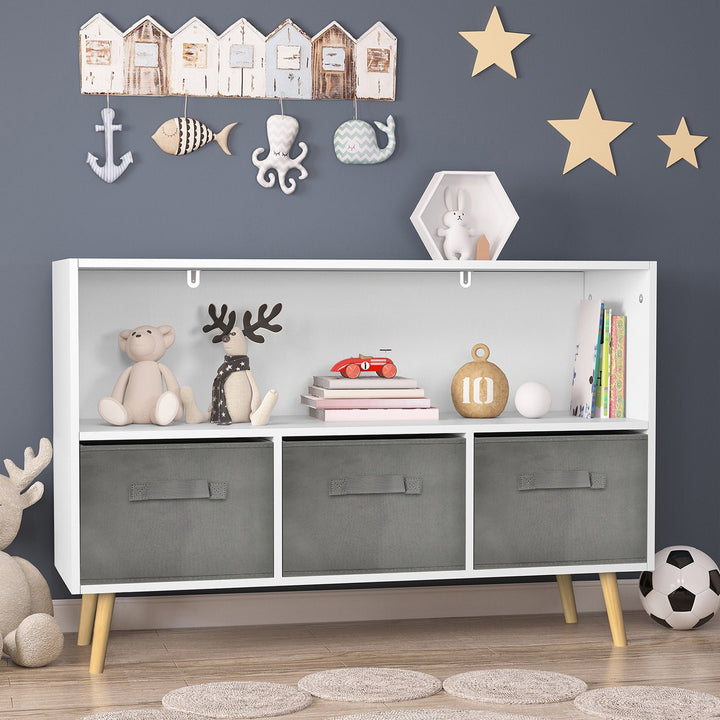 Kids Bookcase with Collapsible Fabric Drawers - Childrens Book Display and Toy Storage Organizer, White/Gray, Stylish Image 6