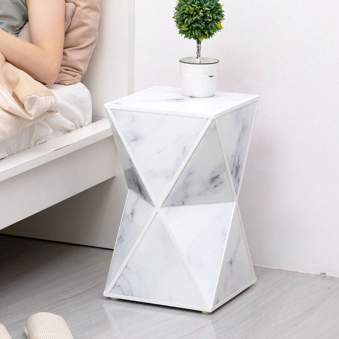 Glass End Table, Marble Table, White Table For Bedroom Living Room Image 2