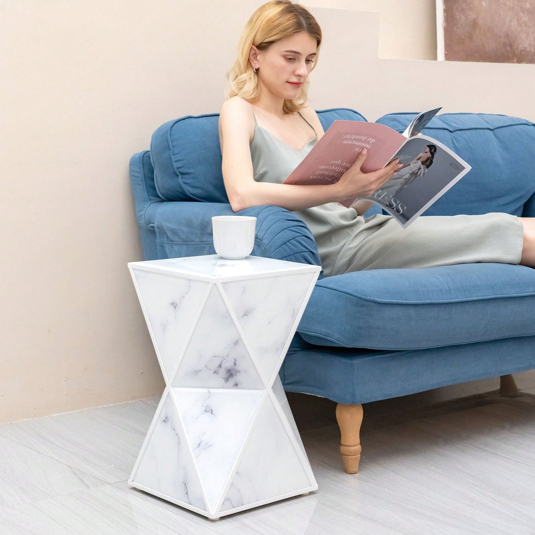 Glass End Table, Marble Table, White Table For Bedroom Living Room Image 4