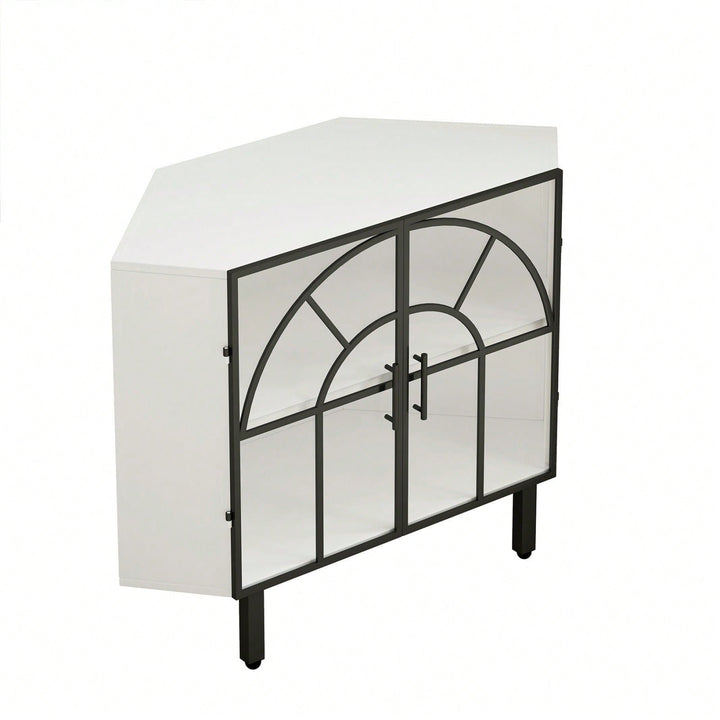 Glass Two-Door Hexagonal Corner Cabinet, White Iron+Tempered Glass, Sturdy and Durable, Contemporary Style, Image 1