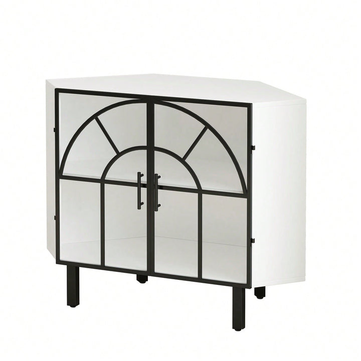 Glass Two-Door Hexagonal Corner Cabinet, White Iron+Tempered Glass, Sturdy and Durable, Contemporary Style, Image 2