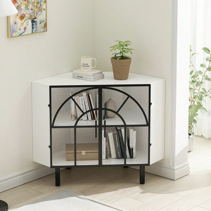 Glass Two-Door Hexagonal Corner Cabinet, White Iron+Tempered Glass, Sturdy and Durable, Contemporary Style, Image 3