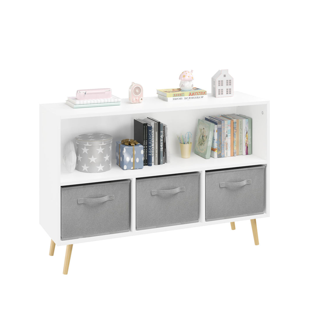 Kids Bookcase with Collapsible Fabric Drawers - Childrens Book Display and Toy Storage Organizer, White/Gray, Stylish Image 9