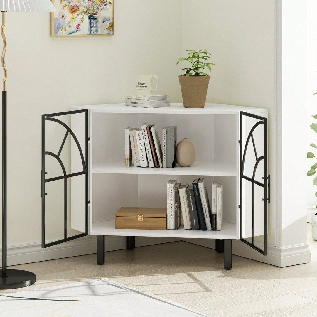 Glass Two-Door Hexagonal Corner Cabinet, White Iron+Tempered Glass, Sturdy and Durable, Contemporary Style, Image 5