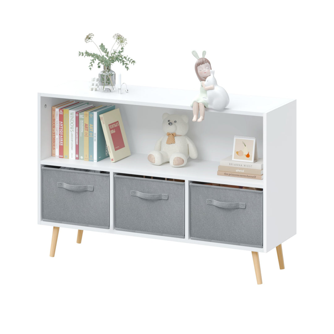 Kids Bookcase with Collapsible Fabric Drawers - Childrens Book Display and Toy Storage Organizer, White/Gray, Stylish Image 10