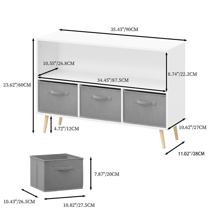 Kids Bookcase with Collapsible Fabric Drawers - Childrens Book Display and Toy Storage Organizer, White/Gray, Stylish Image 11