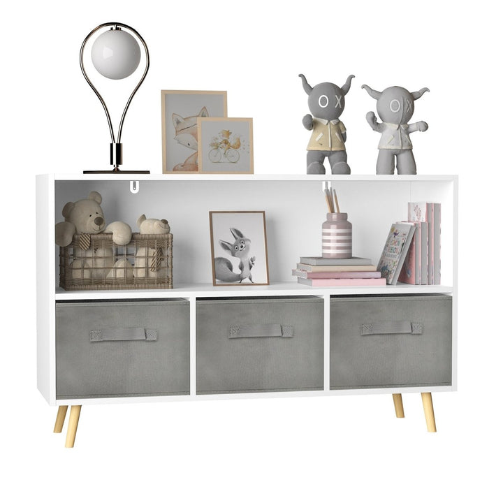 Kids Bookcase with Collapsible Fabric Drawers - Childrens Book Display and Toy Storage Organizer, White/Gray, Stylish Image 12