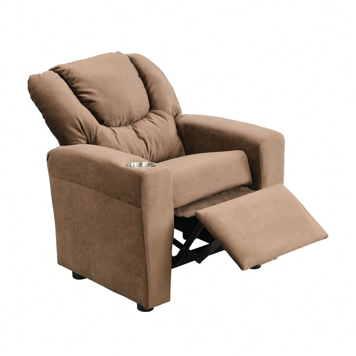 Kids Recliner Chair, Kids Upholstered Couch With One Cup Holder, Footrest, Backrest, Toddlers Velvet Recliner With Image 3